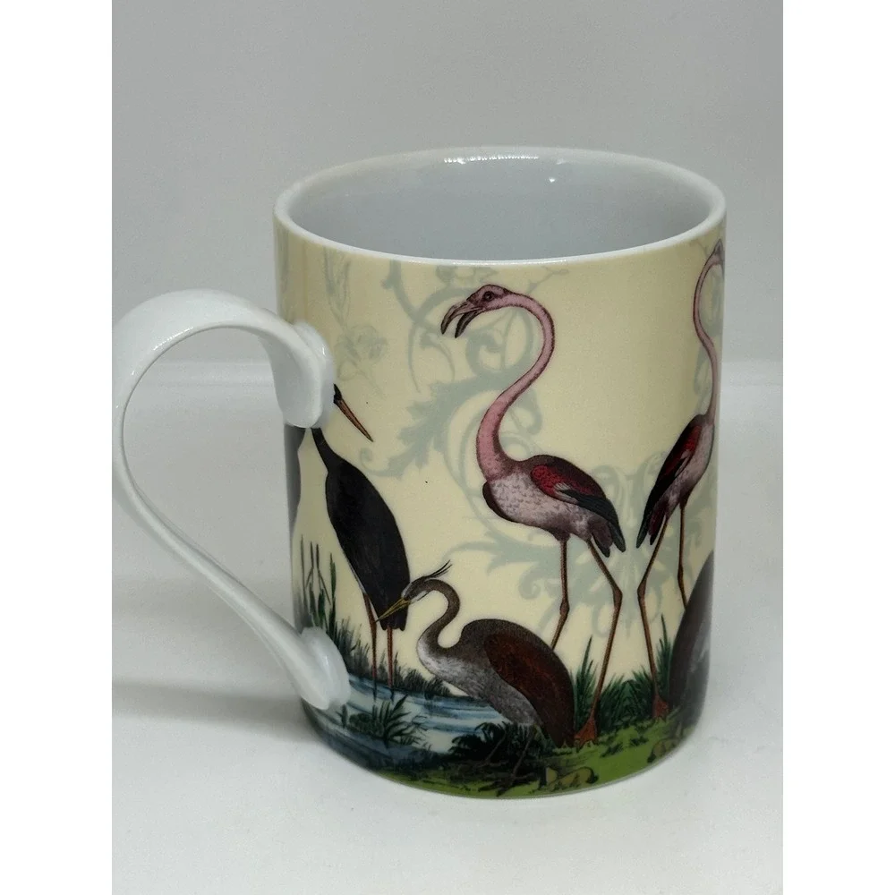 Pottery Barn Mug Set Cream Flamingo Heron Crane Bird Tropical Coastal Coffee Cup